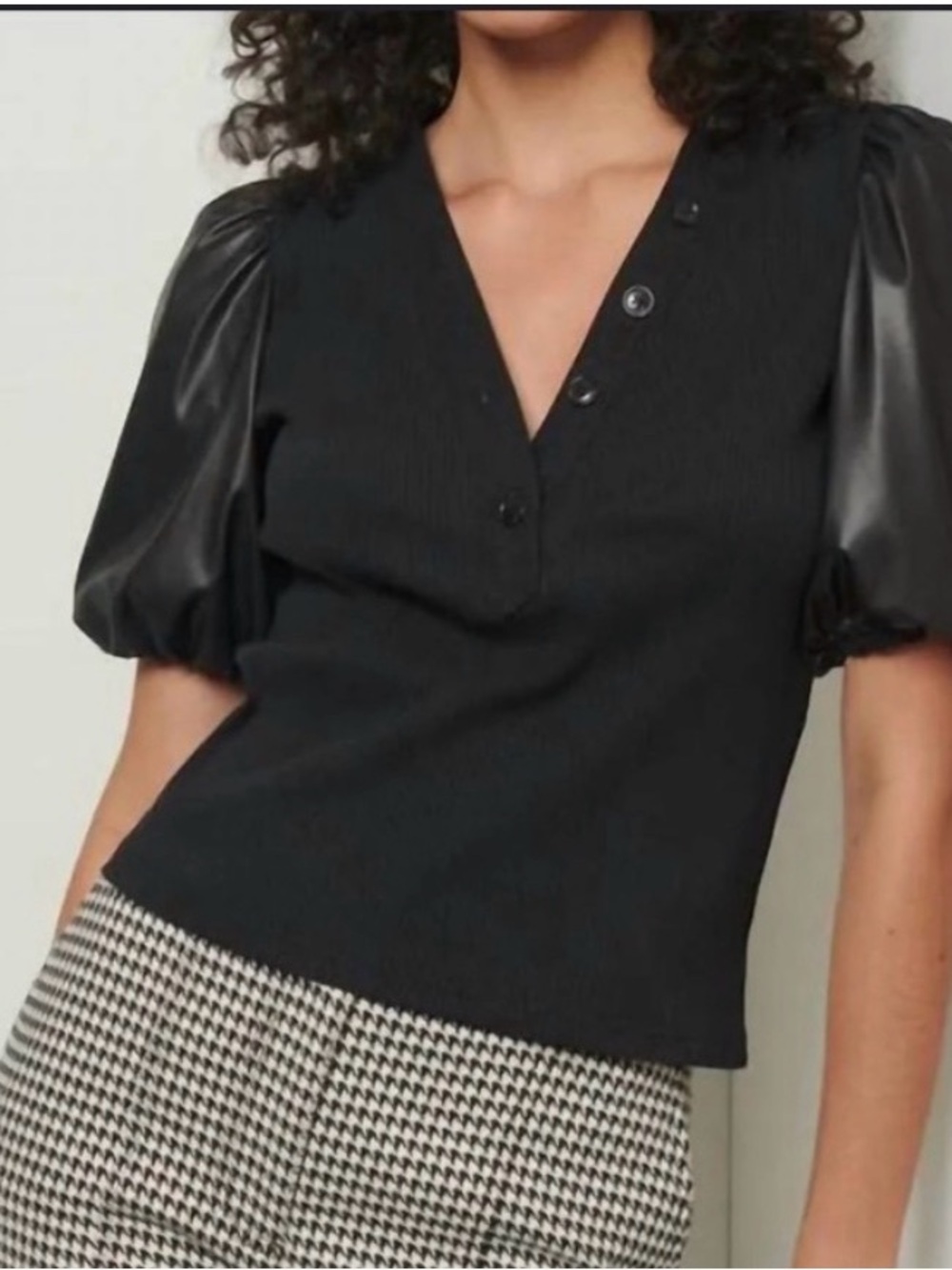 Derek Lam 10 Crosby Amber Puff-sleeve Mixed Media Ribbed Top Black Size small -